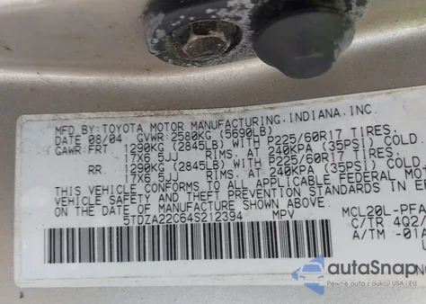 2004 Toyota Sienna Xle из США, поврежденный, VIN 5TDZA22C64S212394